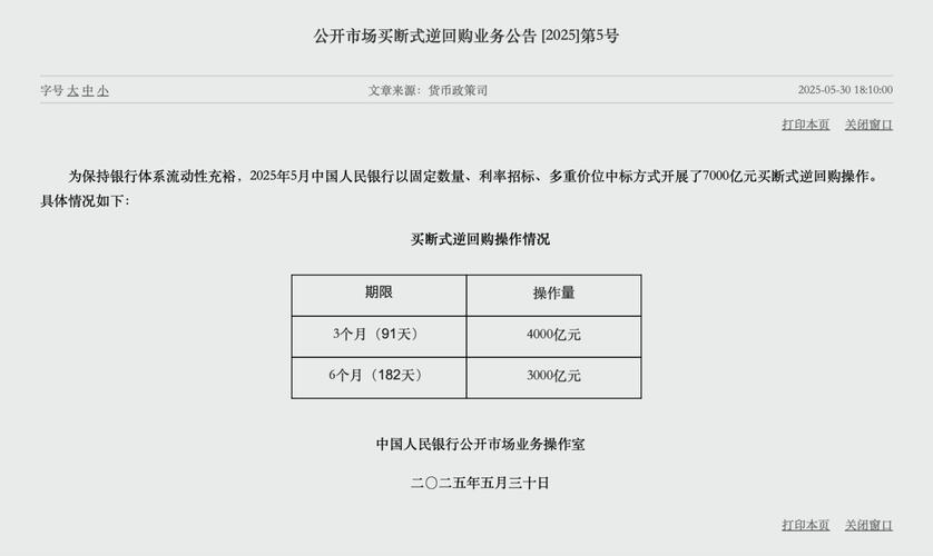 5月央行开展7000亿元买断式逆回购操作，净回笼2000亿元？